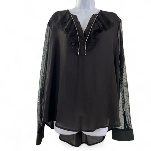 LIBBY Edelman Black Rhinestone V-Neck Sheer Long Sleeve Formal Top Size XXL NWT - Picture 1 of 17